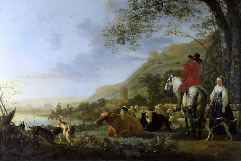 Hilly river landscape with rider talking to shepherdess, Aelbert Cuyp