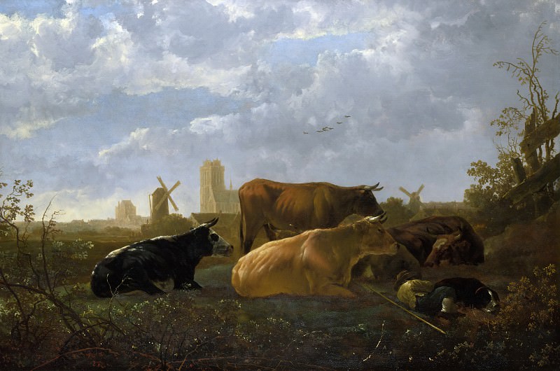 Shepherd with cows on the background of Dordrecht, Aelbert Cuyp