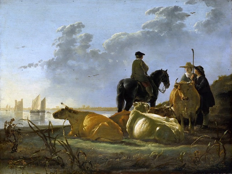 Peasants With Four Cows By The River Merwede, Aelbert Cuyp