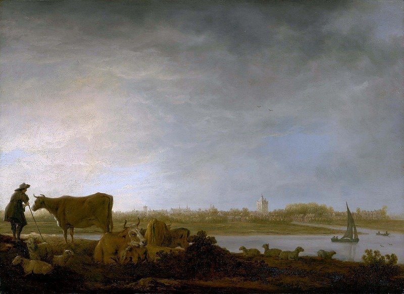 A View of Vianen with a Herdsman and Cattle by a River, Aelbert Cuyp