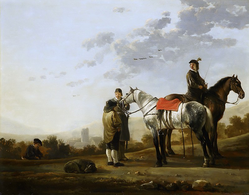Two horsemen talking to a peasant, Aelbert Cuyp