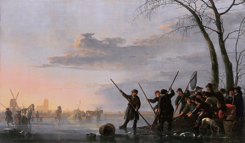 Fishermen on the ice of the Meuse, Aelbert Cuyp