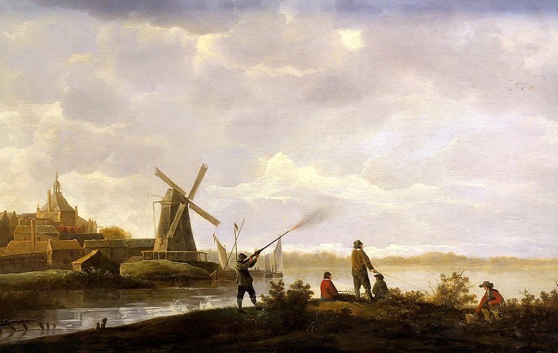 View of Dordrecht with a hunter and fishermen, Aelbert Cuyp