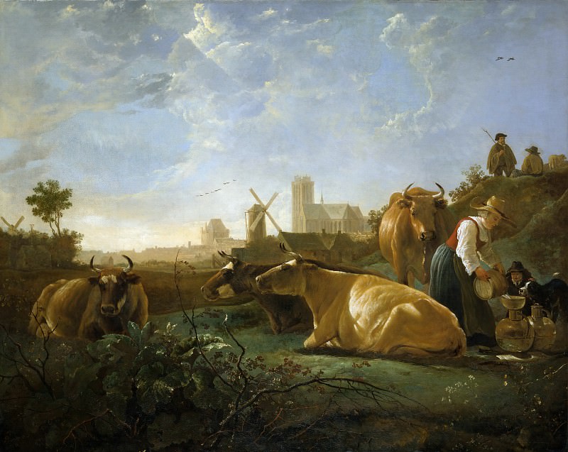 View of Dordrecht with milkmaid, shepherds and cows, Aelbert Cuyp