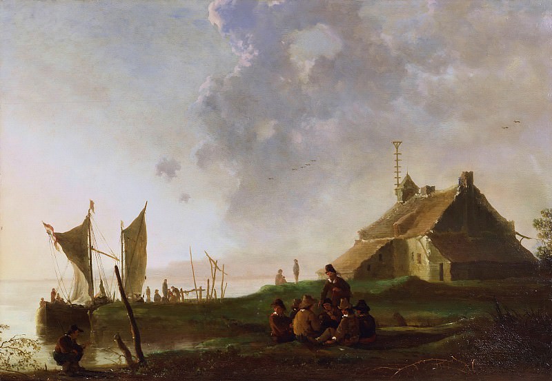Landscape with barracks on river bank, Aelbert Cuyp