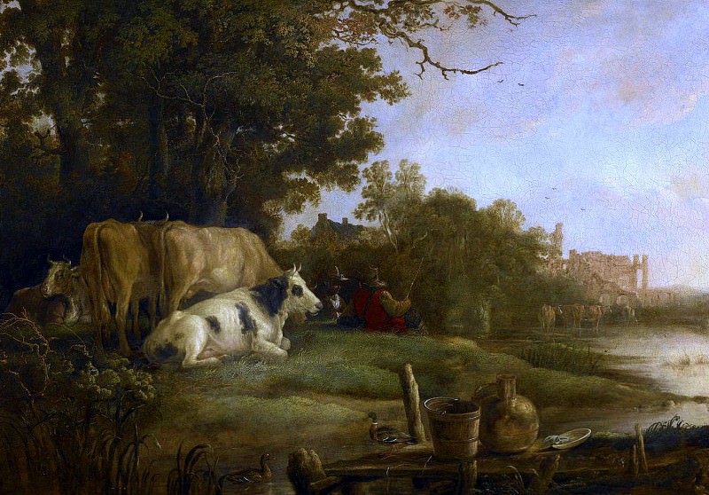 Shepherds with cows on the bank of the river against the backdrop of the Rijnsburg Abbey, Aelbert Cuyp