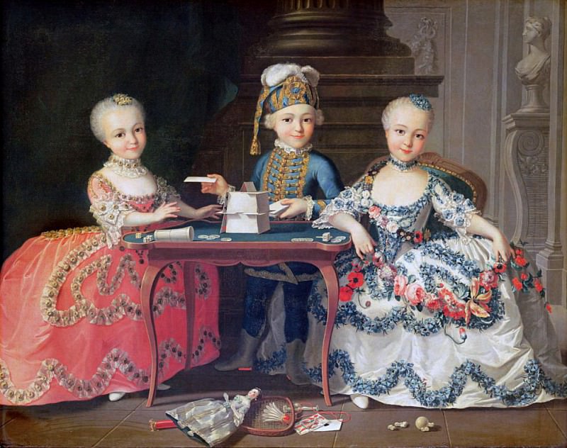 Group portrait of a boy and two girls building a house of cards with other games by the table, Francois-Hubert Drouais