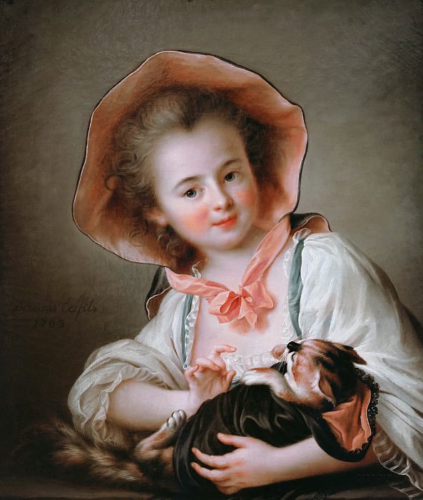 Young girl with a cat playing, Francois-Hubert Drouais