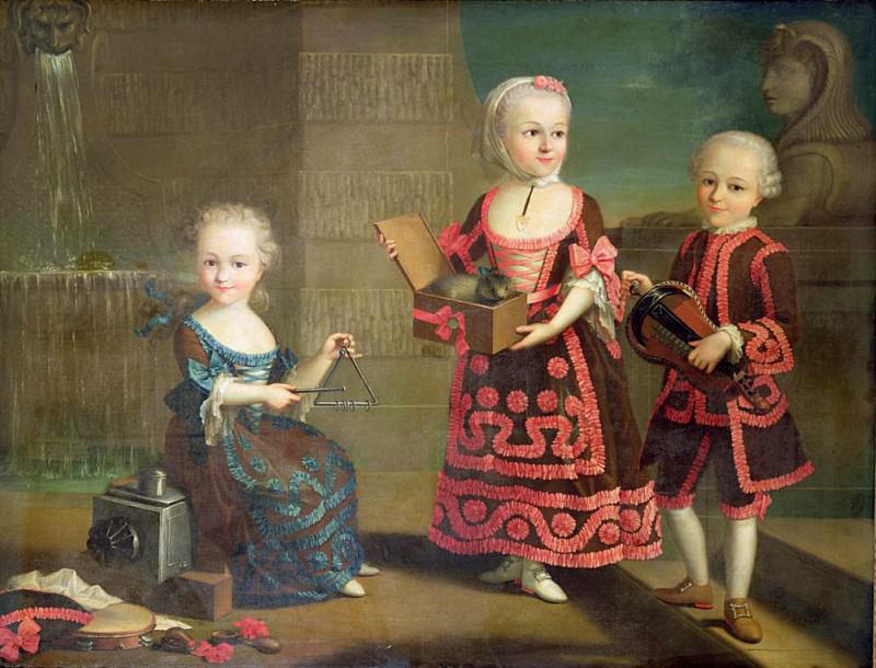 A group portrait of a girl with a marmoset in a Box, Francois-Hubert Drouais