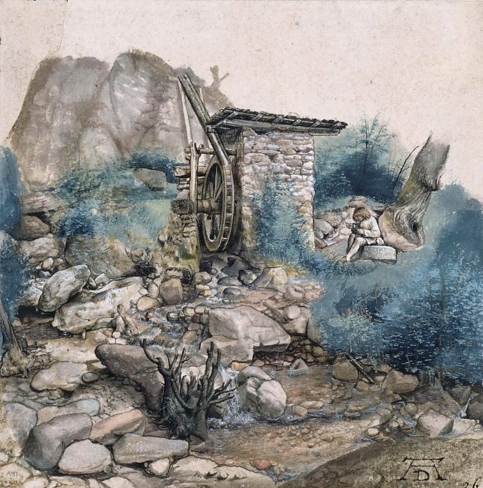 Водяная мельница в горах и рисовальщик