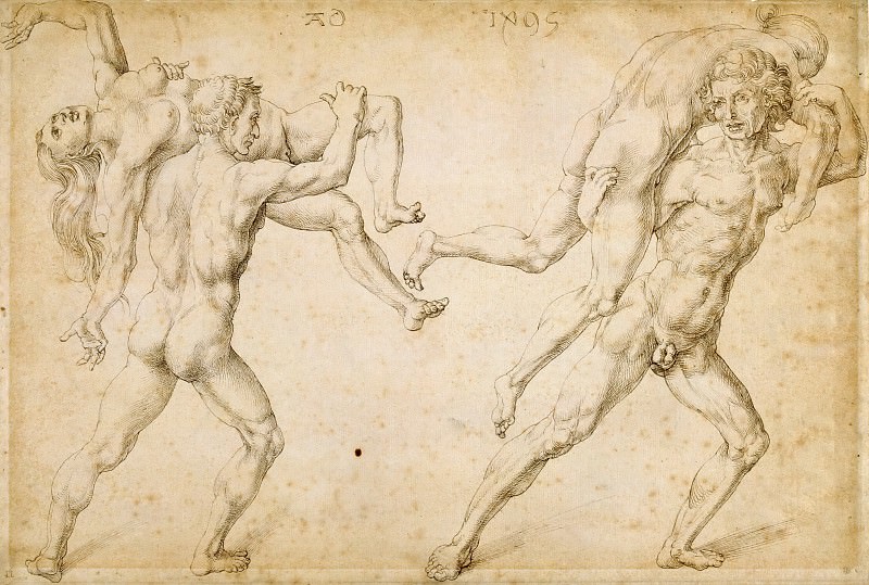 Two nude men carrying two nude women on their shoulders