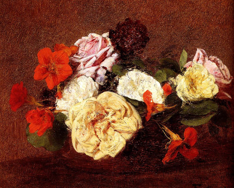 Bouquet Of Roses And Nasturtiums, Ignace-Henri-Jean-Theodore Fantin-Latour