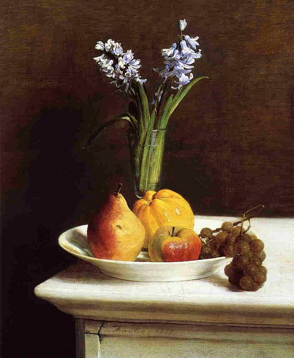Still Life Hyacinths and Fruit, Ignace-Henri-Jean-Theodore Fantin-Latour