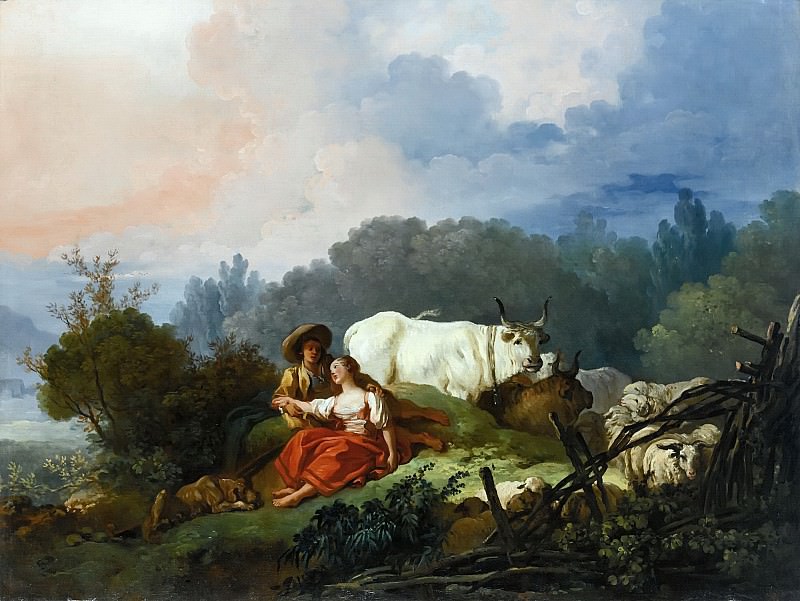 PASTORAL LANDSCAPE WITH A SHEPHERD AND SHEPHERDESS, Jean Honore Fragonard