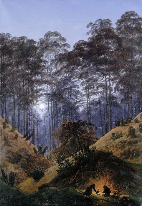 Forest in Moonlight, in the foreground are people around a bright fire