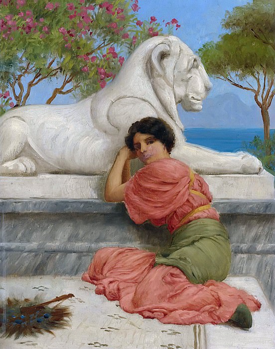 Сидящая женщина с каменным львом, Джон Уильям Годвард