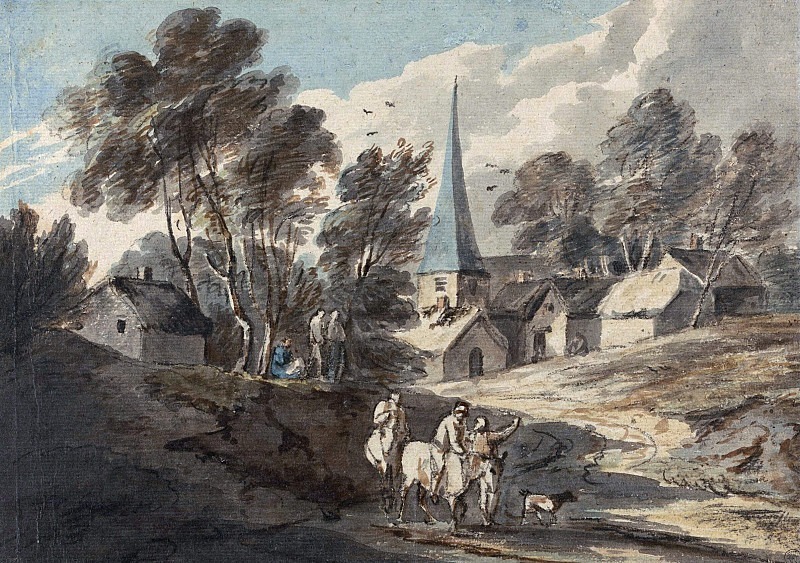 Путешественники на лошадях, приближаются к деревне со шпилем, Томас Гейнсборо