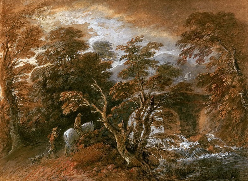 Hilly Landscape with Figures Approaching a Bridge, Thomas Gainsborough