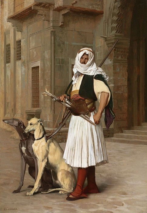 Arnaute avec deux chiens whippets, Jean-Léon Gérôme