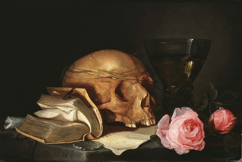 Ванитас, натюрморт с черепом, книгой и розами. Ян Давидс де Хем