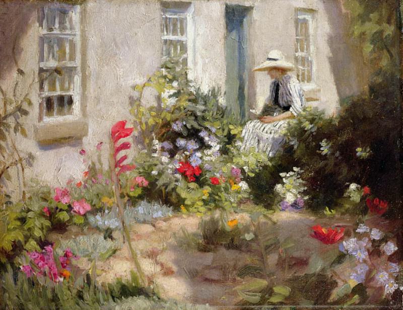 Woman Reading in a Garden, Harold Harvey