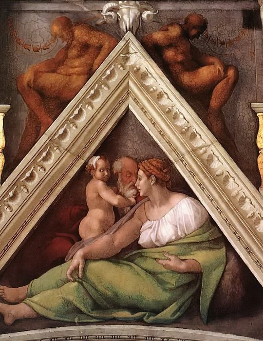 Езекия с матерью и отцом Ахазом, Микеланджело Буонарроти