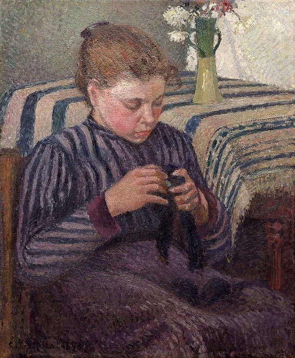 Юная девушка, зашивающая свои чулки