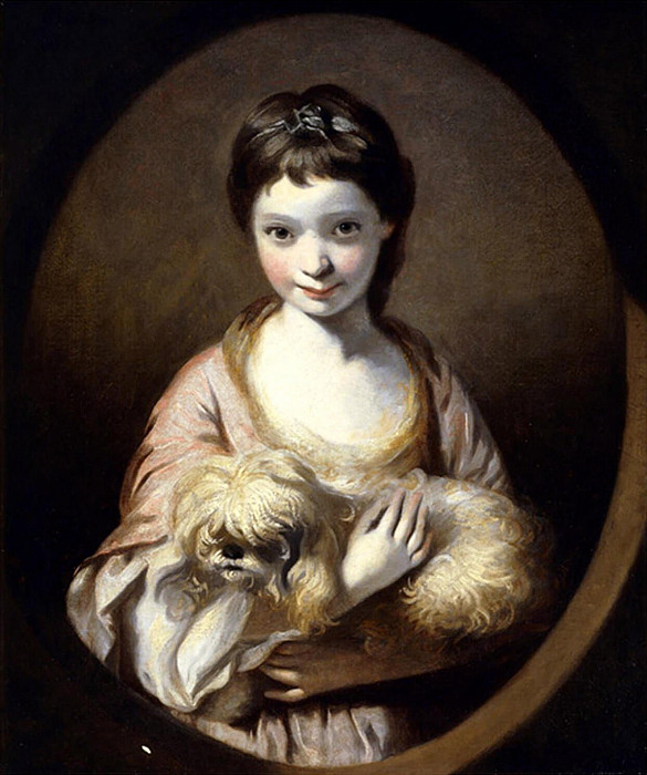Портрет мисс Эмилии Ванситтарт в бело-розовом платье с собакой на руках, Джошуа Рейнольдс