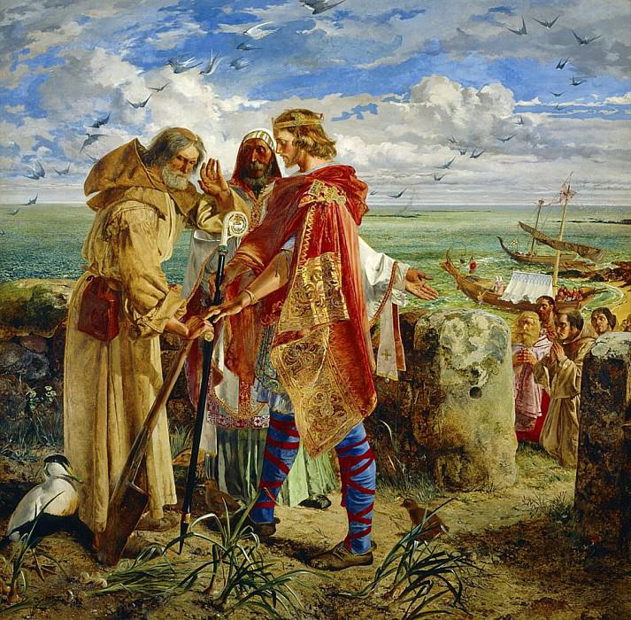 Король Эгрид высаживается на остров Фарн для того, чтобы назначить епископом Саммона Катберта, Уильям Белл Скотт