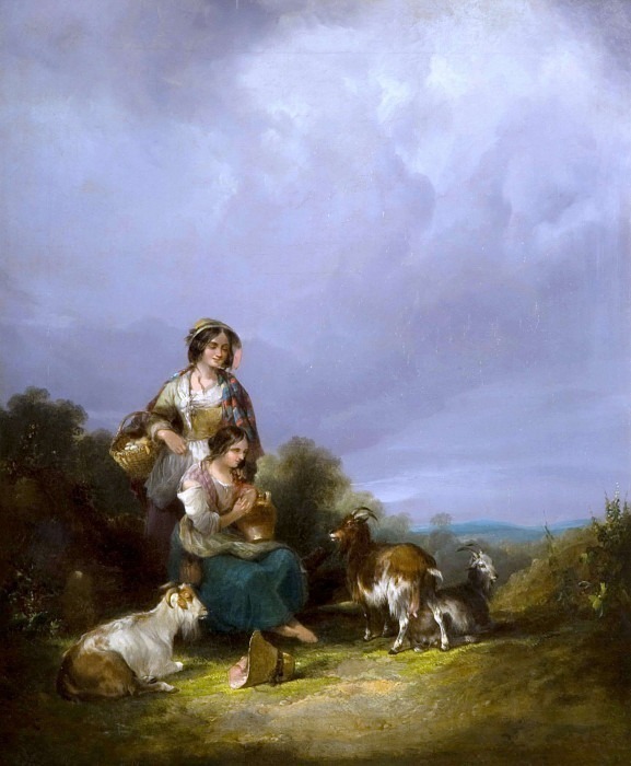 Две молодые женщины и козы в пейзаже