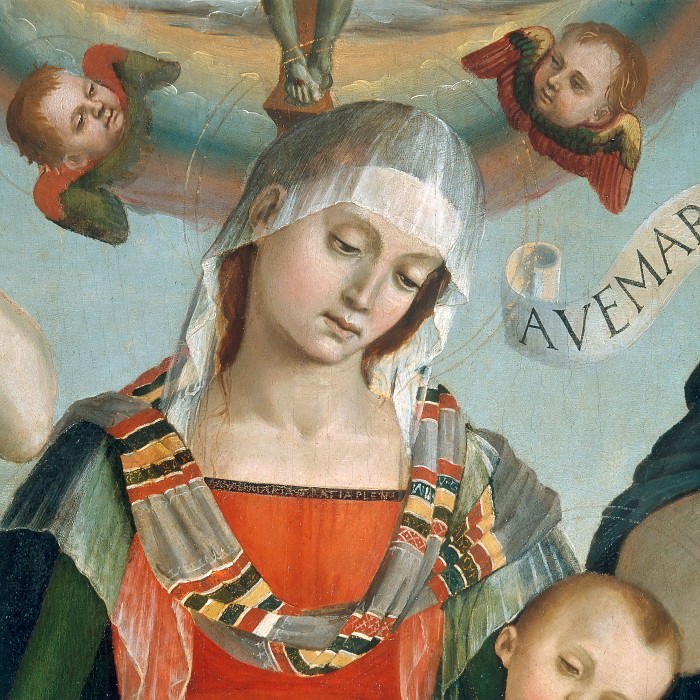 Мадонна с Младенцем, Святая Троица, архангелы и святые, деталь, Лука Синьорелли