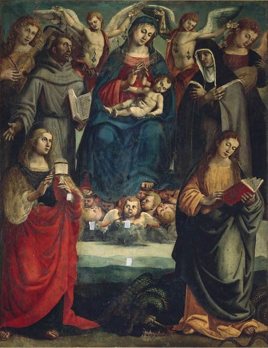 Мадонна с Младенцем со святыми Франциском, Кларой, Маргаритой, Марией Магдалиной и ангелами, Лука Синьорелли