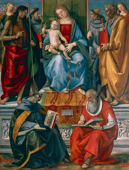 Мадонна с Младенцем и святыми Иоанном Крестителем, Франциском Ассизским, Антонием Падуанским, Иосифом, Бонавентурой и Иеронимом, Лука Синьорелли