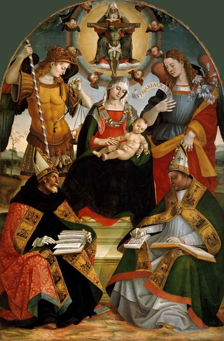 Mary with Child and the Trinity, Archangels Michael and Gabriel and Saints Augustine and Athanasius