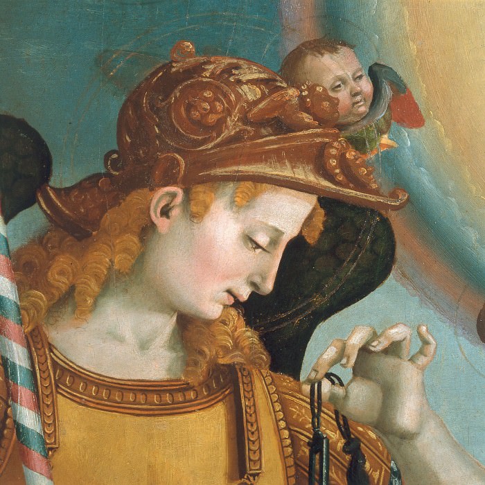 Mary with Child and the Trinity, Archangels and Saints, detail, Luca Signorelli