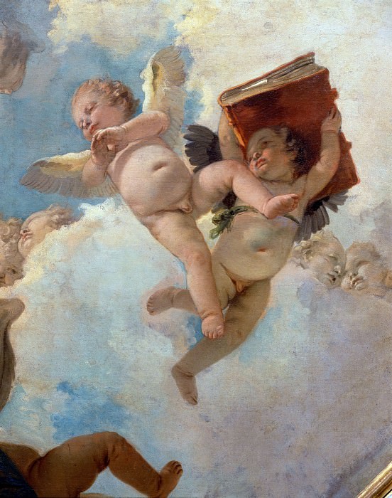 Angel with scrolls and putti taking the book detail, Giovanni Battista Tiepolo