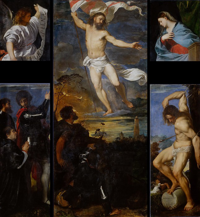 Averoldi Polyptych – Resurrection, Saints Nazarius and Celsus with Altobello Averoldi, Saint Sebastian and Annunciation, Titian (Tiziano Vecellio)