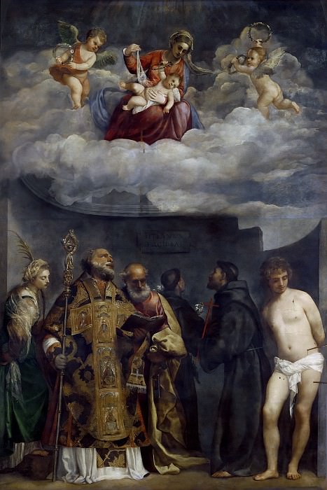 Madonna and Child in Glory with Saints Catherine, Nicholas, Peter, Sebastian, Francis, and Antony of Padua, Titian (Tiziano Vecellio)