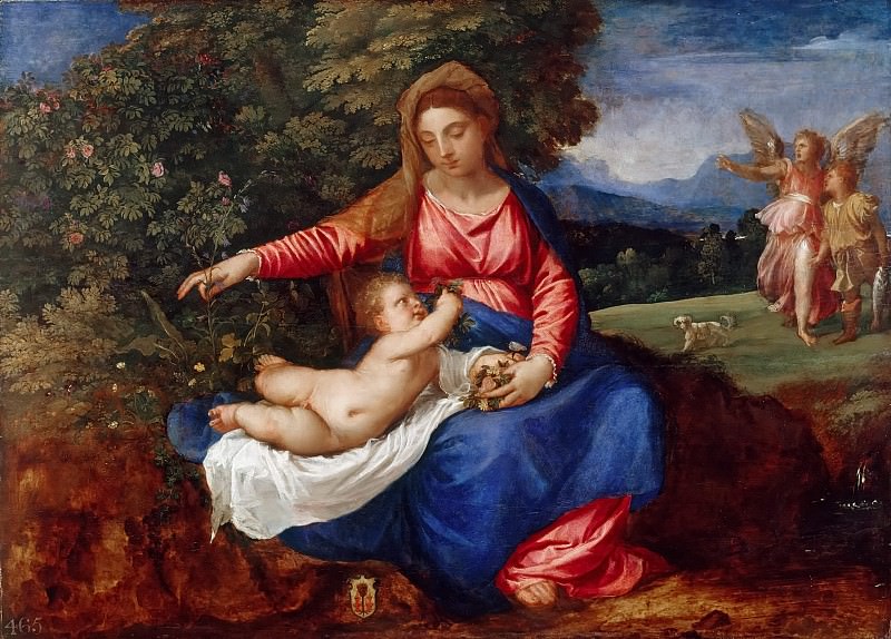 Мадонна с Младенцем на фоне пейзажа с Товией и ангелом, Тициан (Тициано Вечеллио)