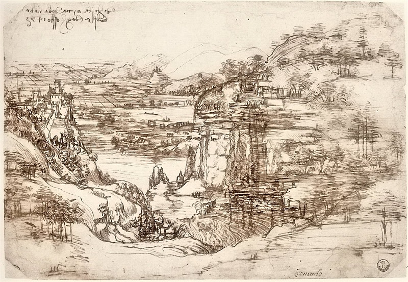 Landscape overlooking the Arno, Leonardo da Vinci