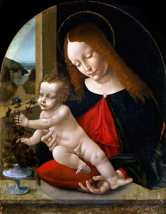 Мадонна с Младенцем с аквилегиями [Мастерская], Леонардо да Винчи