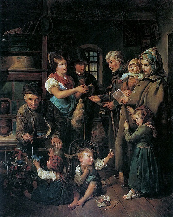 A traveling beggar family receives presents from poor farmers on Christmas Eve, Ferdinand Georg Waldmüller