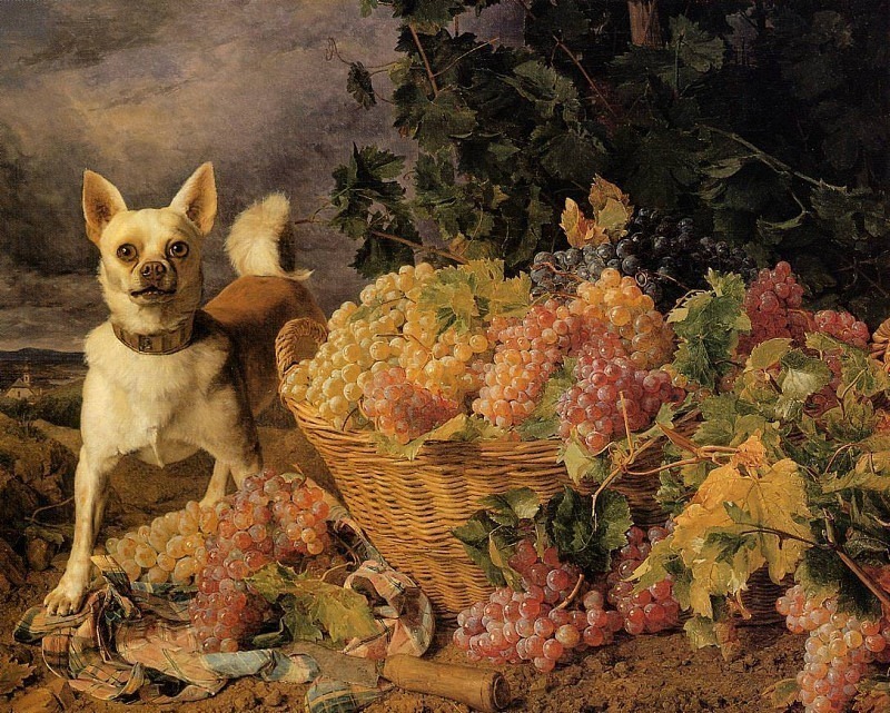 Собака у корзины с виноградом на фоне пейзажа, Фердинанд Георг Вальдмюллер
