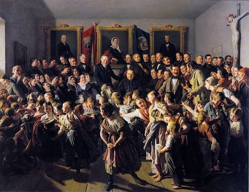 Children of poor parents are given winter clothing by the Spittelberg community on the Michaelitage, Ferdinand Georg Waldmüller