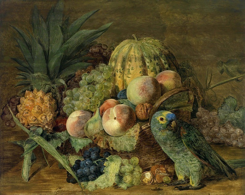 Fruit still life with an amazon parrot, Ferdinand Georg Waldmüller