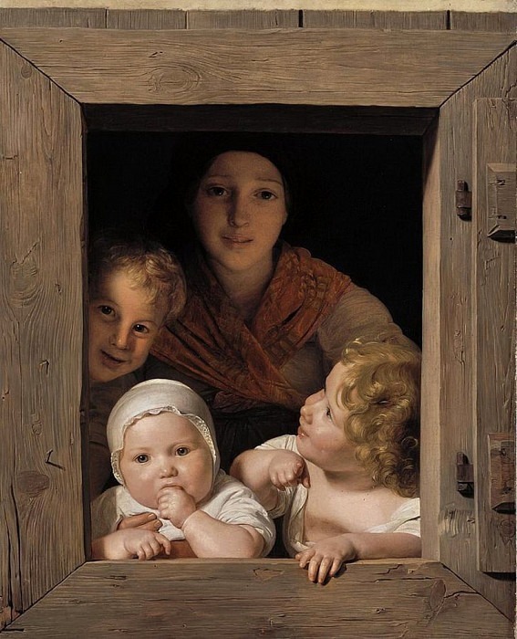 Young peasant woman with three children at the window, Ferdinand Georg Waldmüller
