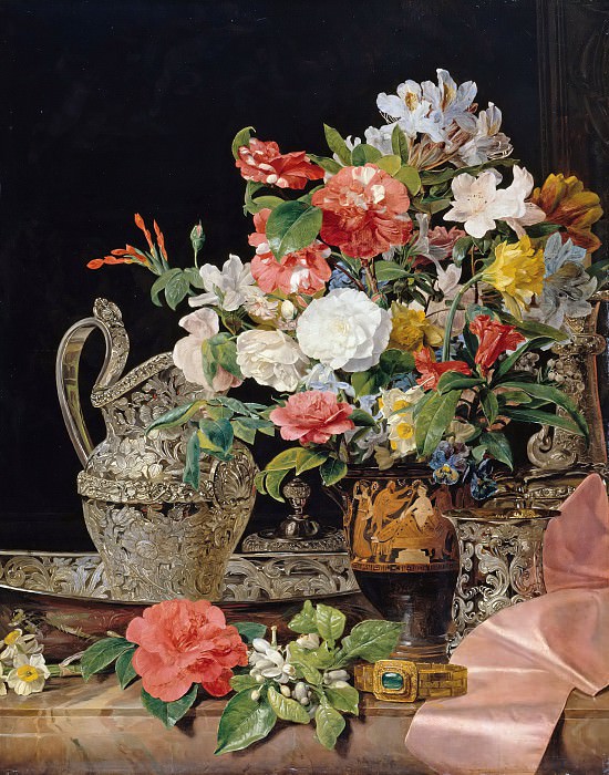 Bouquet with silver jug and antique vase, Ferdinand Georg Waldmüller
