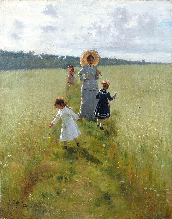On the border. V.A. Repina with children walks along the border, Ilya Repin