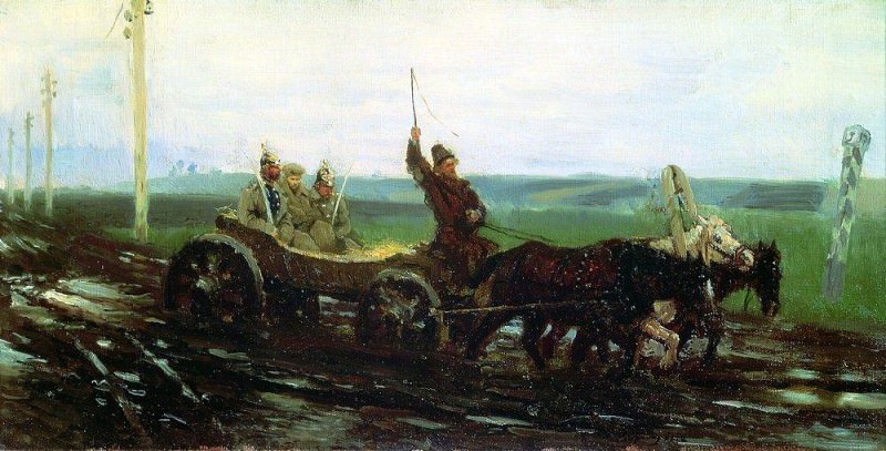 Under escort. On a muddy road, Ilya Repin