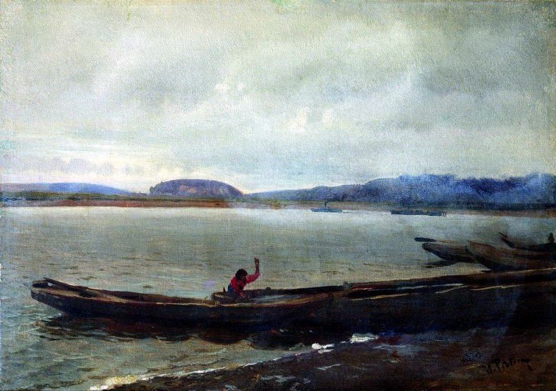 Volga landscape with boats, Ilya Repin